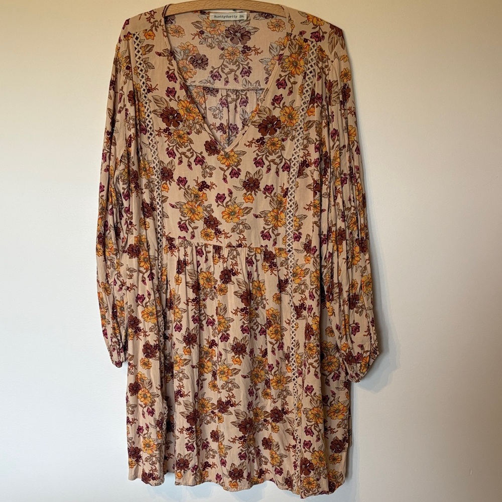Long-Sleeve Floral V-Neck Dress in Beige with Mustard & Burgundy
